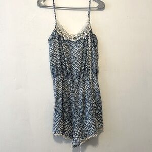 Blue Pattern Romper with Lace